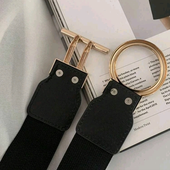 Plus size gold tone black stretch elastic toggle buckle minimalist dress - Picture 8 of 10